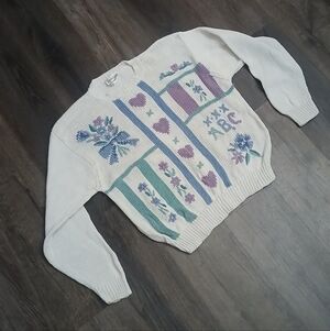 Vintage Cotton Blend Knit Granny Sweater Teacher Floral ABC Size Large